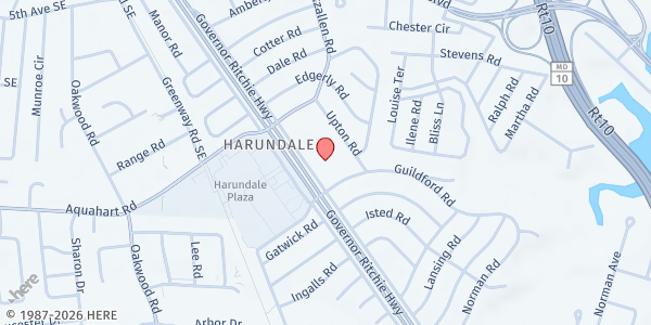 Map showing Harundale Presbyterian Church - Back Parking Lot at 1020 Eastway, Glen Burnie, MD