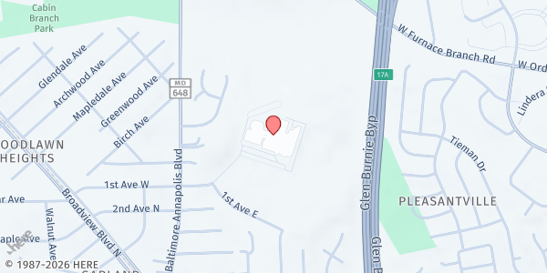 Map showing North County High School at 10 East 1st Avenue, Glen Burnie, MD