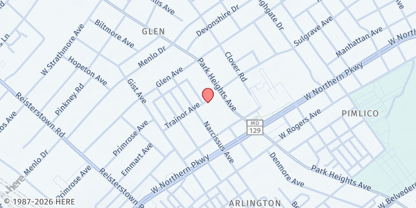 Map showing Jewish Family Services-Kosher Food Pantry at 5750 Park Heights Avenue, Glen, MD