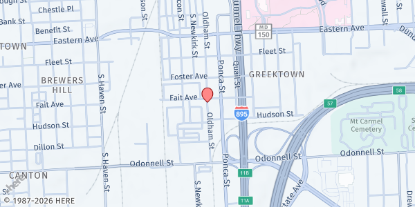 Map showing East Balto. Church of God at 800 Oldham Street, Greektown, MD