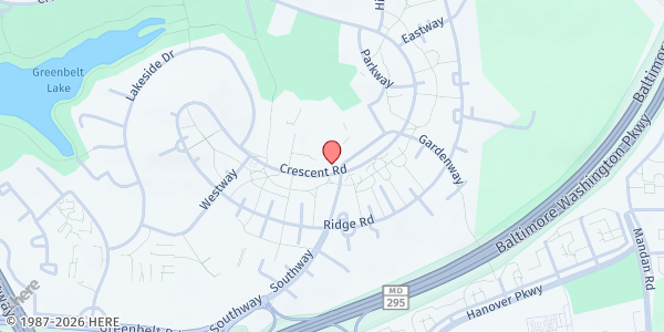 Map showing City of Greenbelt Food Pantry - July Location at 25 Crescent Rd, Greenbelt, MD