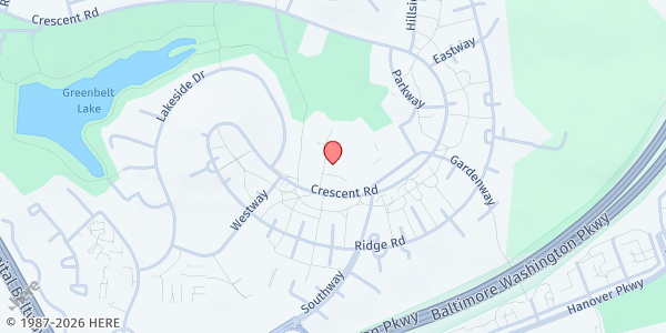 Map showing City of Greenbelt Food Pantry - Main Location at 15 Crescent Road, Greenbelt, MD