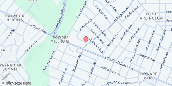 Map showing Trinity–New Birth International Christian Ministries at 3604 North Rogers Avenue, Grove Park, MD