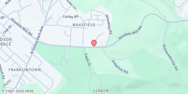 Map showing Bernard E. Mason at 2121 Windsor Gardens Lane, Gwynn Oak, MD