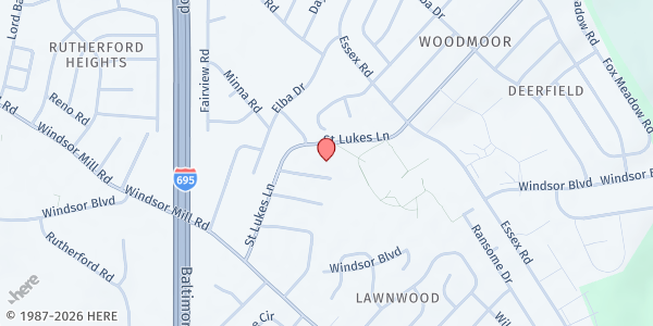 Map showing Rising Sun Food Pantry at 2211 Saint Lukes Lane, Gwynn Oak, MD