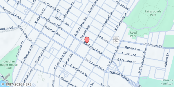 Map showing Adventist Community Center at 50 E. Franklin St., Hagerstown, MD