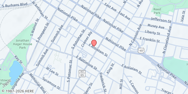Map showing Rock of Hope Redemption Center at 62 East Antietam Street, Hagerstown, MD