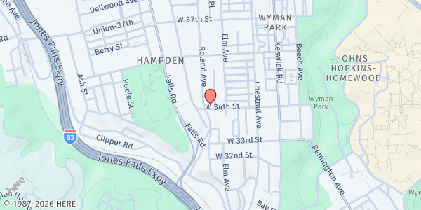 Map showing The Salvation Army Hampden Corps at 3401 Roland Avenue, Hampden, MD