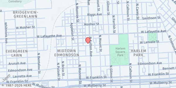 Map showing Temple House at 802 North Fulton Avenue, Harlem Park, MD