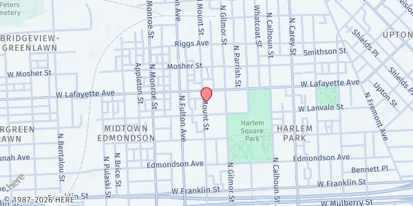 Map showing The New Mount Zion Baptist Church at 813 North Mount Street, Harlem Park, MD