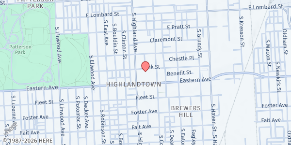 Map showing Southeast Neighborhood Service Center at 3411 Bank Street, Highlandtown, MD