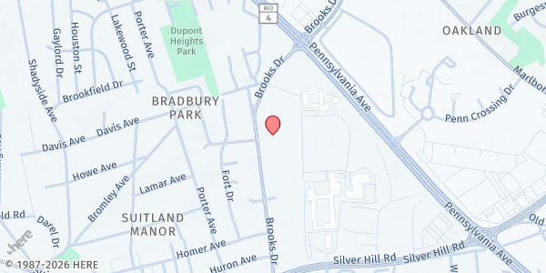 Map showing Warriors for Christ Ministries at 2420 Brooks Drive, Hillcrest Heights, MD