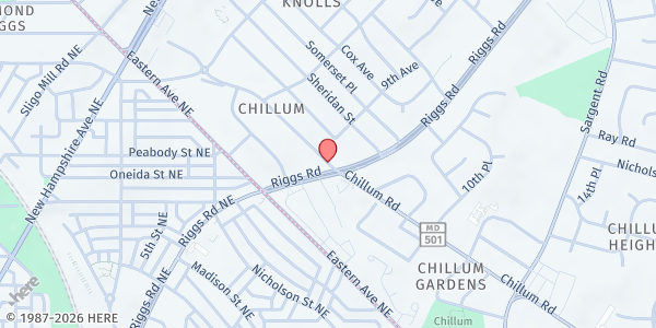 Map showing Church of the Living God at 1417 Chillum Road, Hyattsville, MD