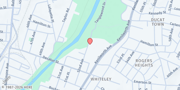 Map showing Edmonston Recreation Center at 5100 Tanglewood Drive, Hyattsville, MD