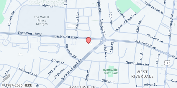 Map showing Lutheran Mission Society Hyattsville Compassion Center at 3799 East-West Highway, Hyattsville, MD