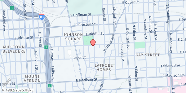 Map showing Johnston Square Community Development Center at 841 East Chase Street, Johnston Square, MD