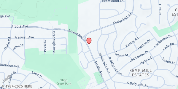Map showing Silver Spring Christian Reformed Church at 1501 Arcola Avenue, Kemp Mill, MD