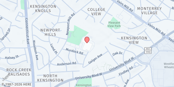 Map showing Mid County United Ministries at Einstein High School at 11135 Newport Mill Rd, Kensington, MD