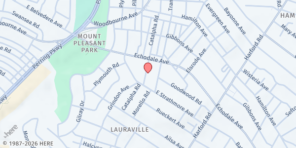 Map showing Heart House Community Fridge at 5207 Catalpha Road, Lauraville, MD