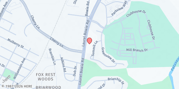 Map showing Oaklands Presbyterian Church at 14301 Laurel-Bowie Rd., Laurel, MD