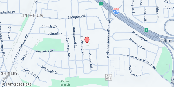 Map showing St. Philip Neri Roman Catholic Congregation at 6405 South Orchard Road, Linthicum Heights, MD