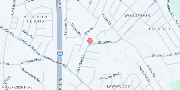 Map showing New Horizon Baptist Church at 2200 St. Luke Lane, Lochearn, MD
