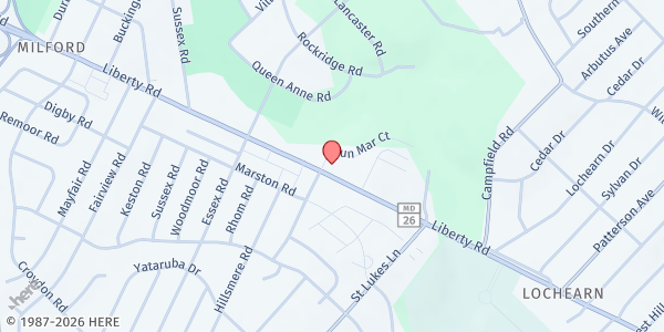 Map showing New Macedonia Bapt. Church at 6930 Liberty Rd, Lochearn, MD