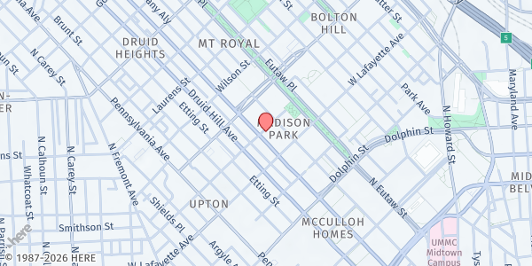 Map showing Bethel Outreach Center at 1429 McCulloh Street, Madison Park, MD