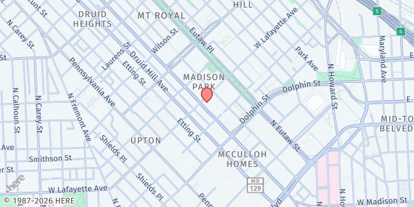 Map showing Booker T. Washington Middle School at 1301 McCulloh Street, Madison Park, MD