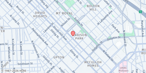 Map showing The New Metropolitan Baptist Church at 1501 McCulloh Street, Madison Park, MD