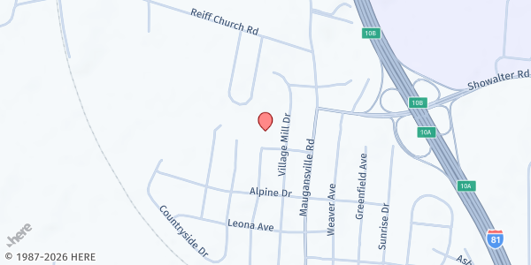 Map showing Maugansville Bible Brethren Church at 17904 Binkley Avenue, Maugansville, MD