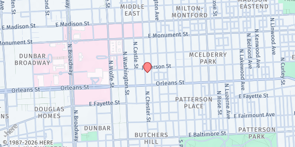 Map showing Bea Gaddy Family Center at 425 North Chester Street, Middle East, MD