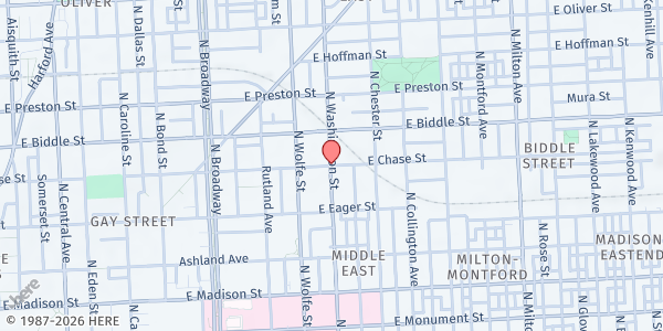 Map showing Christ United Methodist Church at 2001 East Chase Street, Middle East, MD