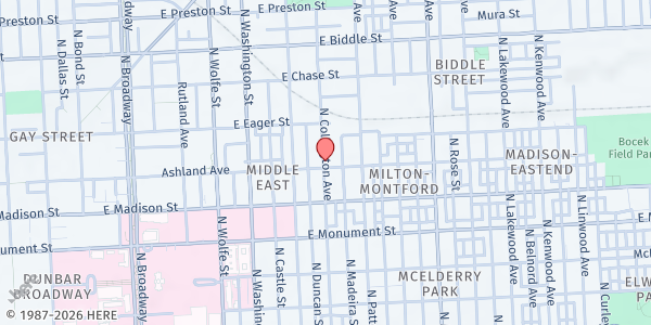 Map showing Henderson-Hopkins Food Distribution Program at 2100 Ashland Avenue, Middle East, MD