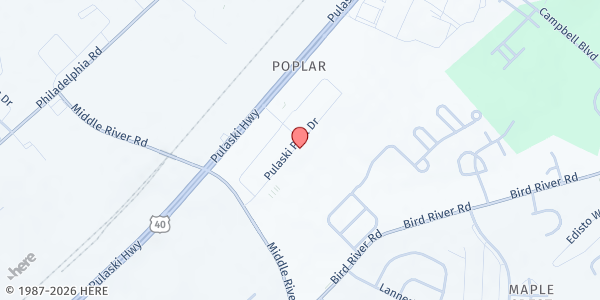 Map showing AfriThrive, Food Pantry - Middle River at 9600 Pulaski Drive, Suite 115, Middle River, MD