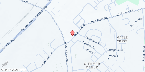 Map showing Middle River Assembly of God at 9620 Bird River Road, Middle River, MD