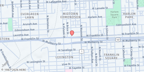 Map showing FMDM MidTown Edmonson Food Pantry at 1950 West Franklin Street, Midtown Edmondson, MD