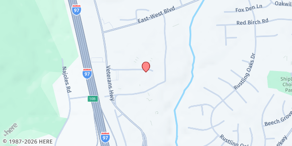 Map showing Apostolic House of Prayer at 413 Headquarters Drive, Millersville, MD