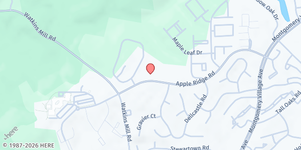 Map showing Upcounty Hub Drive Thru at Apple Ridge Recreation Area at 10101 Apple Ridge Road, Montgomery Village, MD
