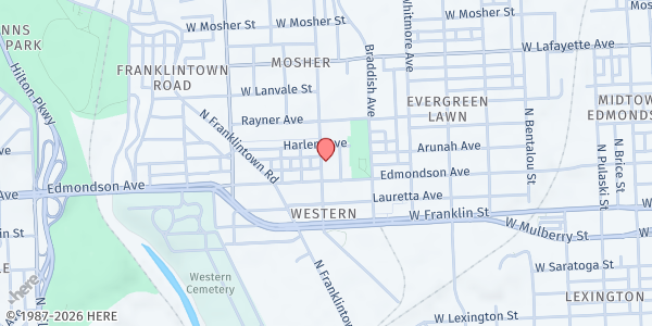 Map showing LaBurt-Mosher Community Fridge at 607 Ashburton Street, Mosher, MD