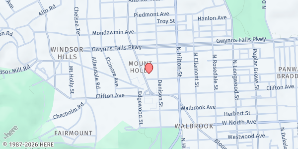 Map showing Mt. Moriah Baptist Church at 2201 Garrison Boulevard, Mount Holly, MD