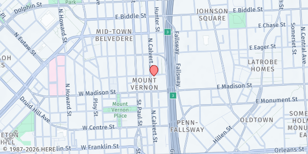 Map showing B'More Clubhouse at 831 North Calvert Street, Mount Vernon, MD