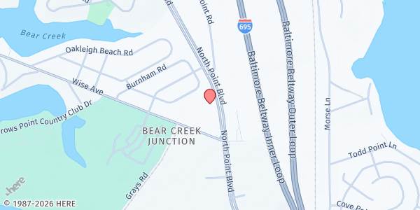 Map showing Pleasant Zion Youth Outreach Center at 4317 North Point Blvd, North Point Village, MD