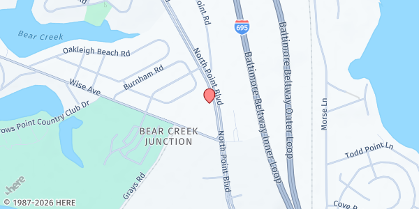 Map showing Pleasant Zion Youth Outreach Center at 4317 North Point Blvd, North Point Village, MD