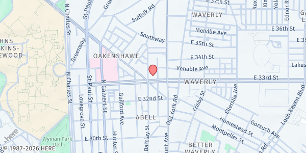 Map showing Enoch Pratt Library Waverly Branch at 400 East 33rd Street, Oakenshawe, MD