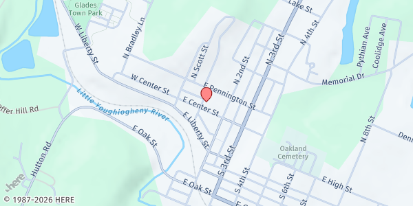 Map showing Garrett County Community Action – Emergency Food Pantry at 104 East Center Street, Oakland, MD