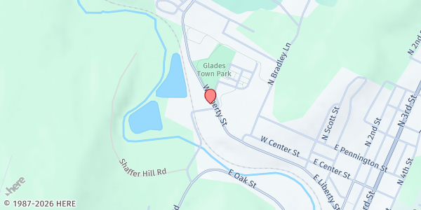 Map showing Garrett County Habitat for Humanity - Oakland Office at 360 Liberty St Office, Oakland, MD