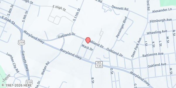 Map showing Oak Park Church of the Brethren at 110 Church Ln, Oakland, MD