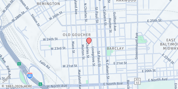 Map showing Beans & Bread Center at 2305 North Charles Street, Old Goucher, MD