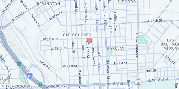 Map showing Family League Main Office at 2305 North Charles Street, Old Goucher, MD